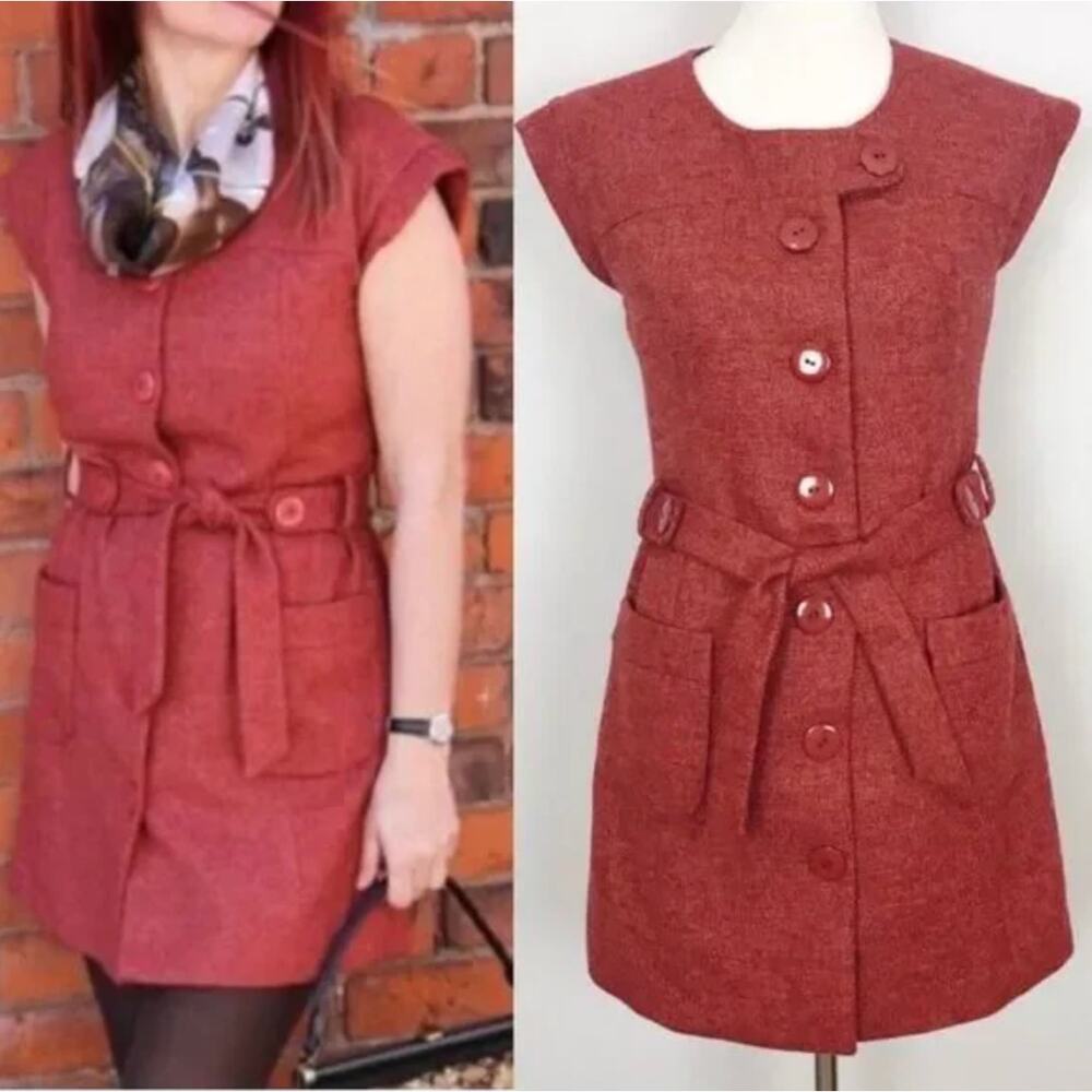 Anthropologie Tabitha Blustery Days Vest Size 6 Rust Orange Tweed Belted Jacket - Picture 1 of 15